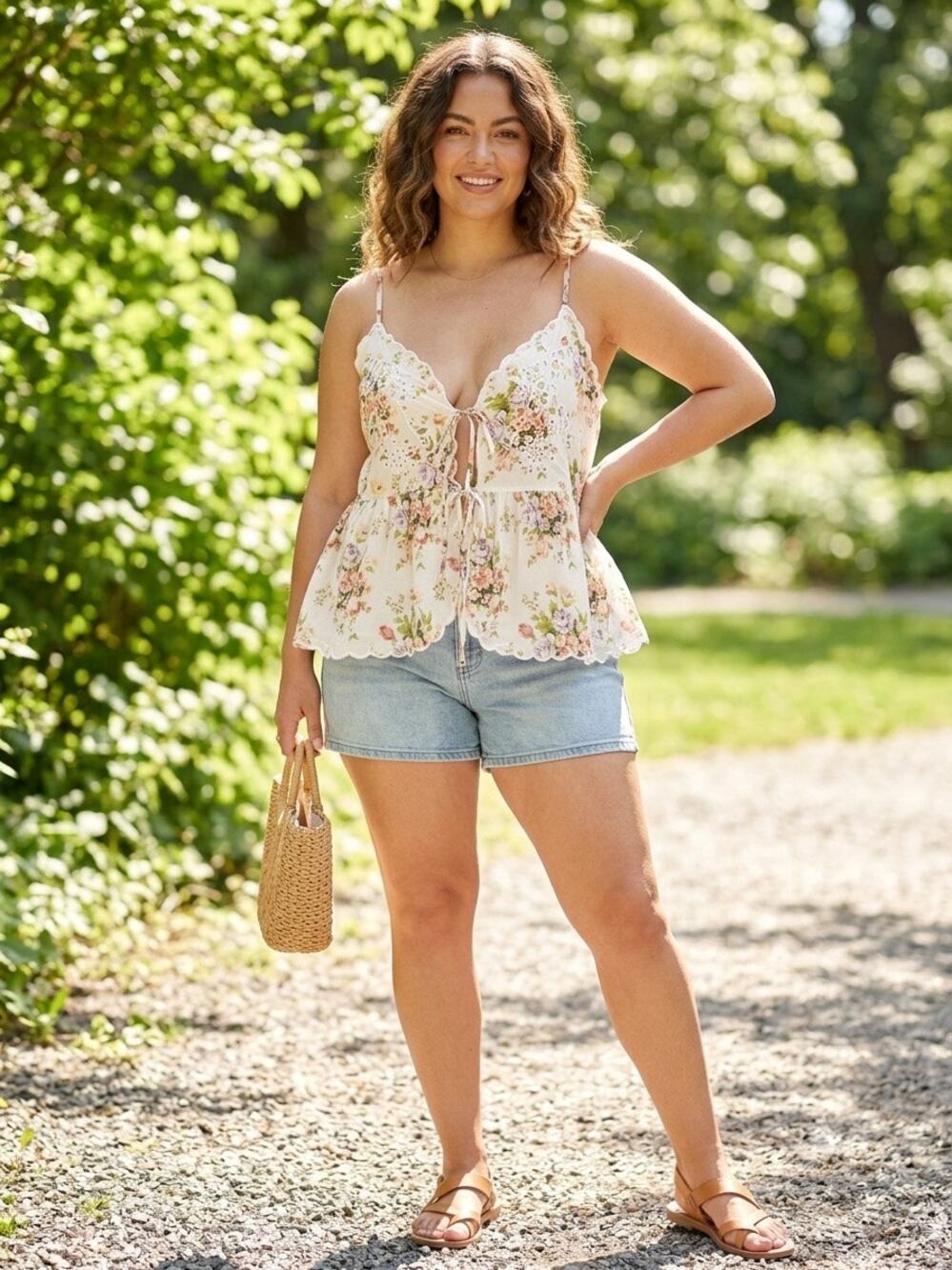 American Eagle Floral Eyelet Tie Front Peplum Cami Tank Top L Cottagecore